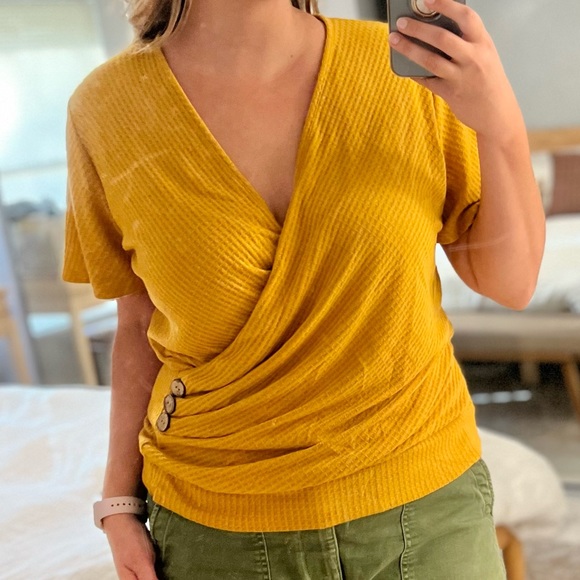 Mustard faux wrap waffle blouse with buttons - Picture 7 of 9